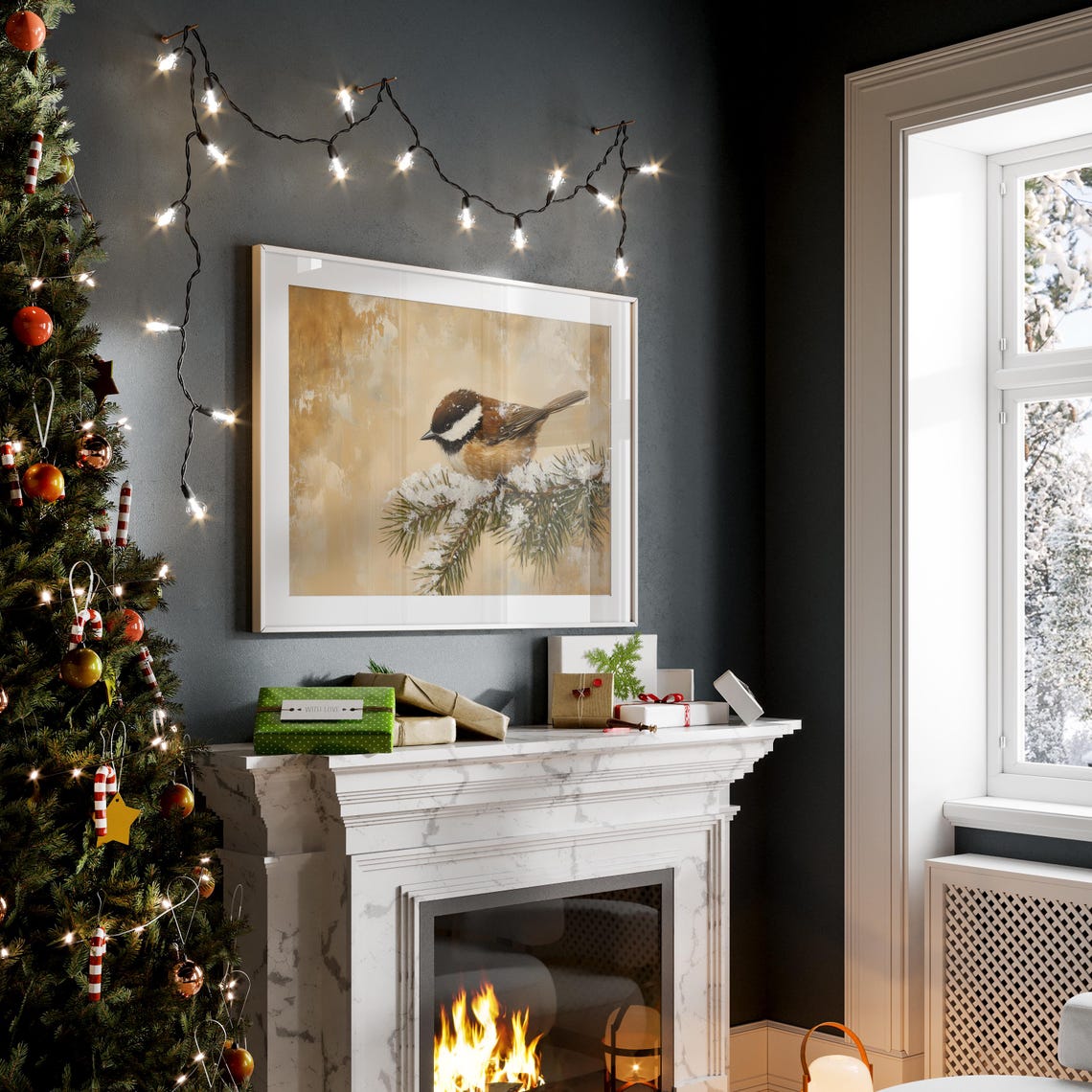 Chestnut Backed Chickadee on Snowy Pine Branch Bird Art Poster - Image 2