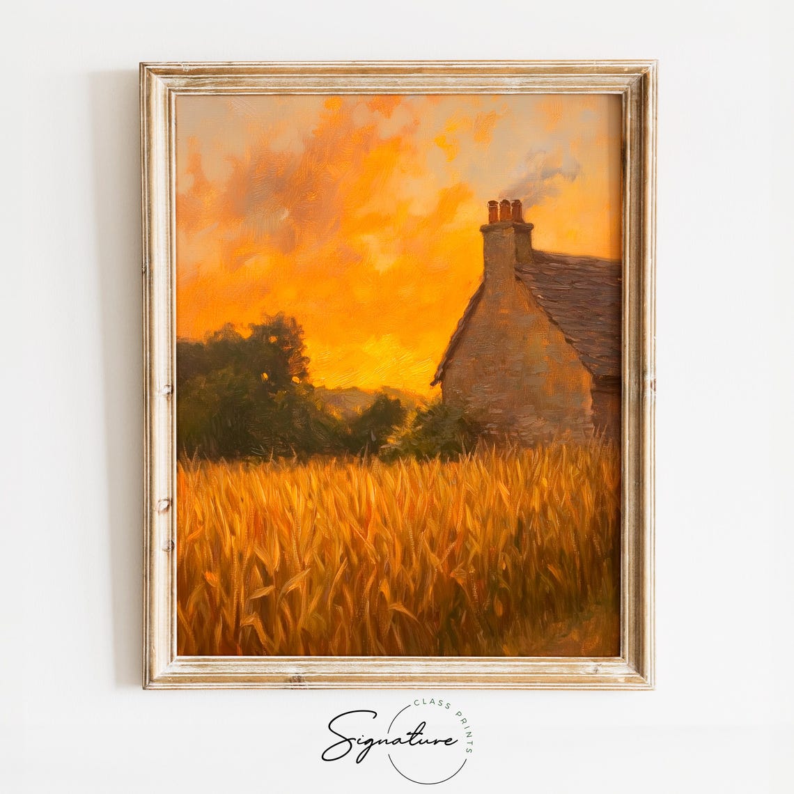 Stone Cottage in a Golden Wheat Field at a Fiery Autumn Sunset Poster