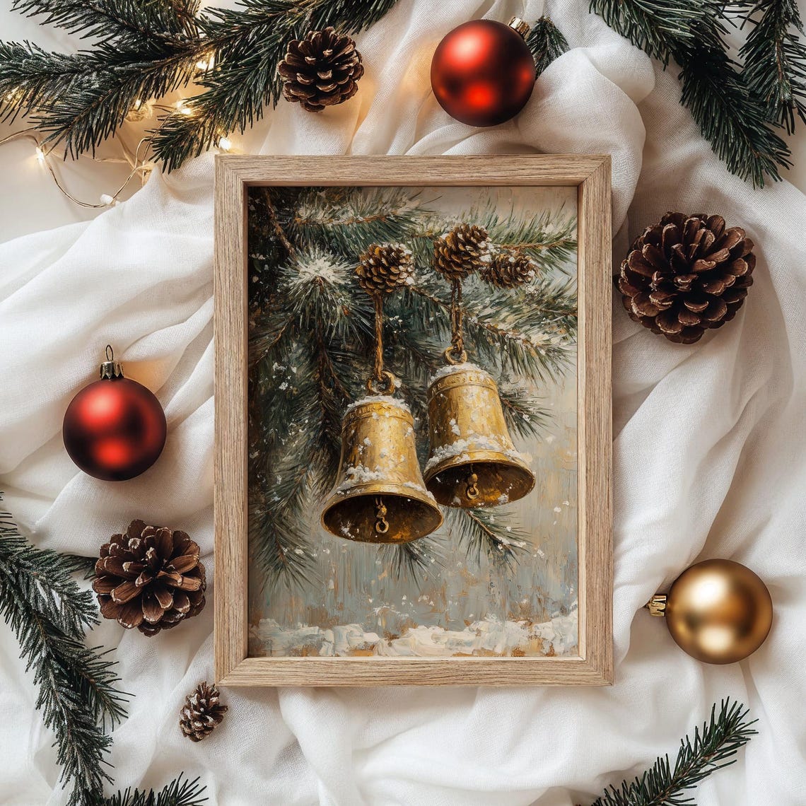 Pair of Golden Christmas Bells on a Snowy Evergreen Branch Poster - Image 4