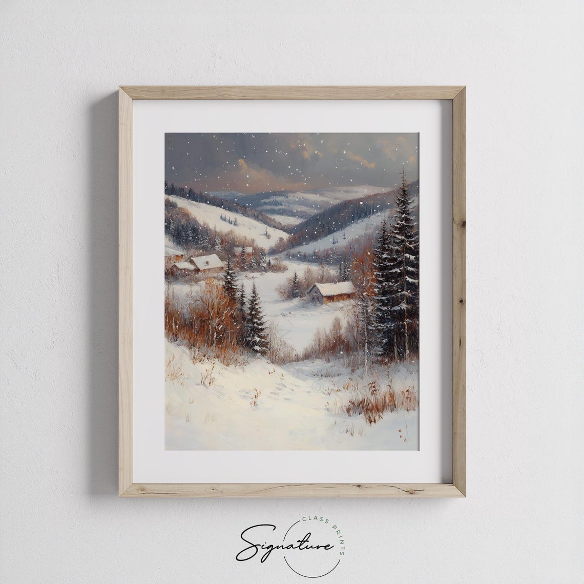 Snowy Mountain Valley with Cabins in Soft Falling Snow Poster - Image 2
