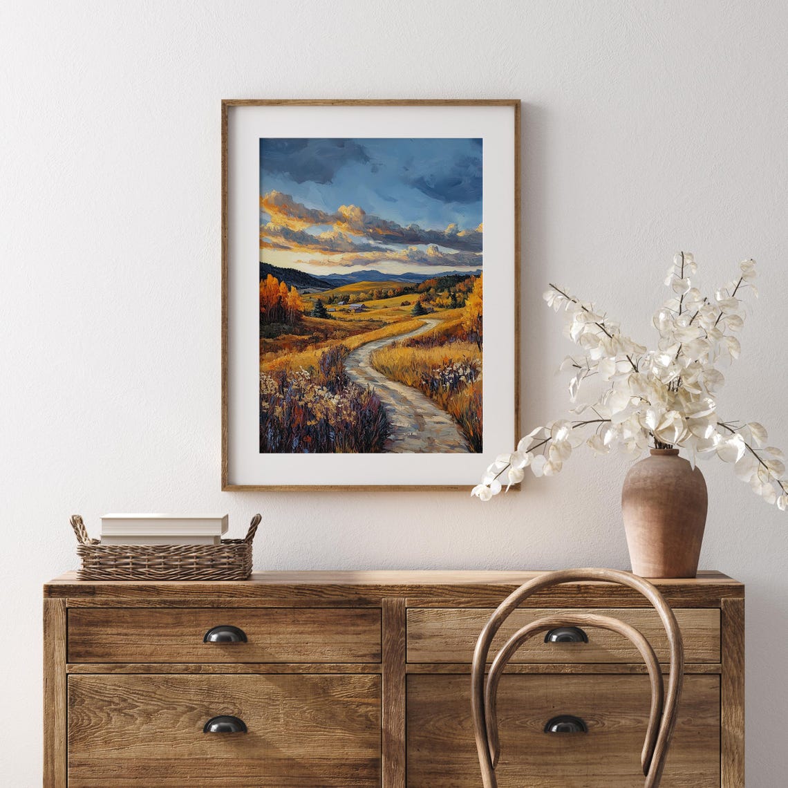 Winding Autumn Path Through Golden Hills Toward Blue Mountains Poster - Image 5