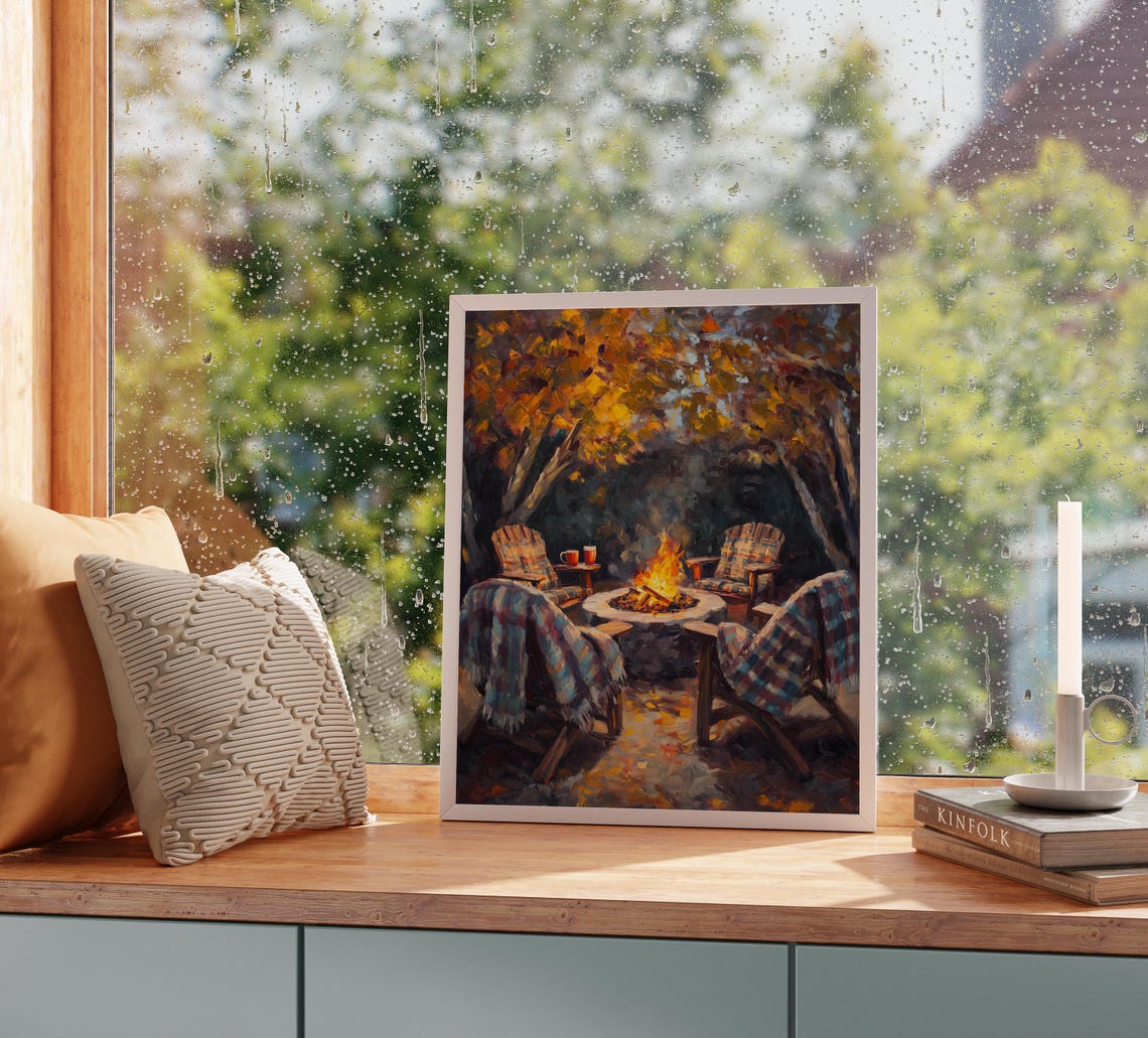 Autumn Campfire with Adirondack Chairs Plaid Blankets and Mugs Poster - Image 2