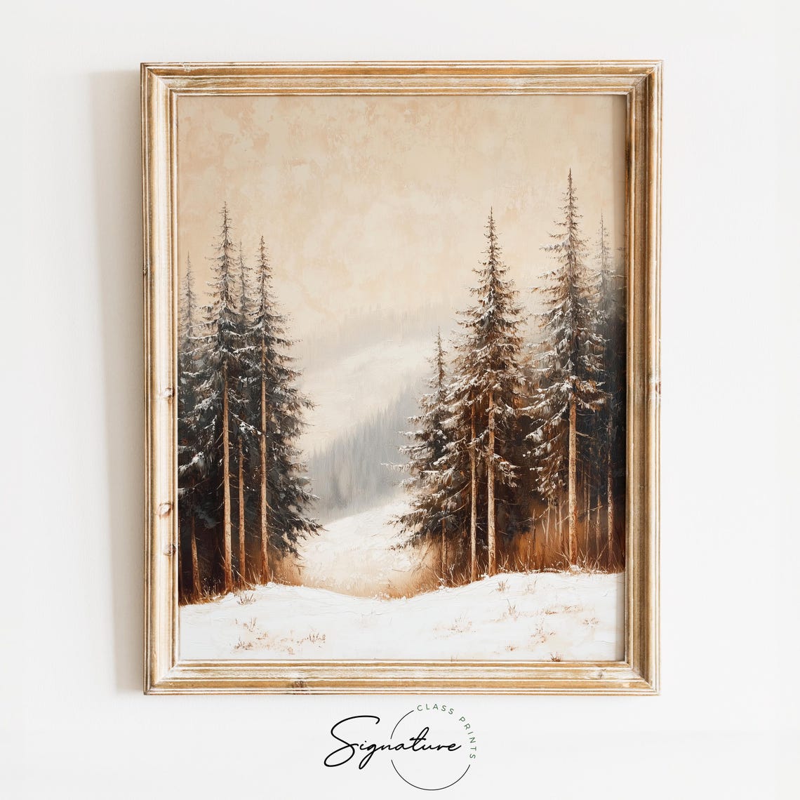 Snowy Path Through Tall Pines in Warm Golden Sunset Light Poster