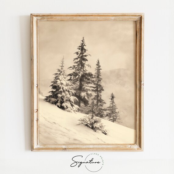 Winter Pines On Snowy Mountain Slope Vintage Nature Scene Poster