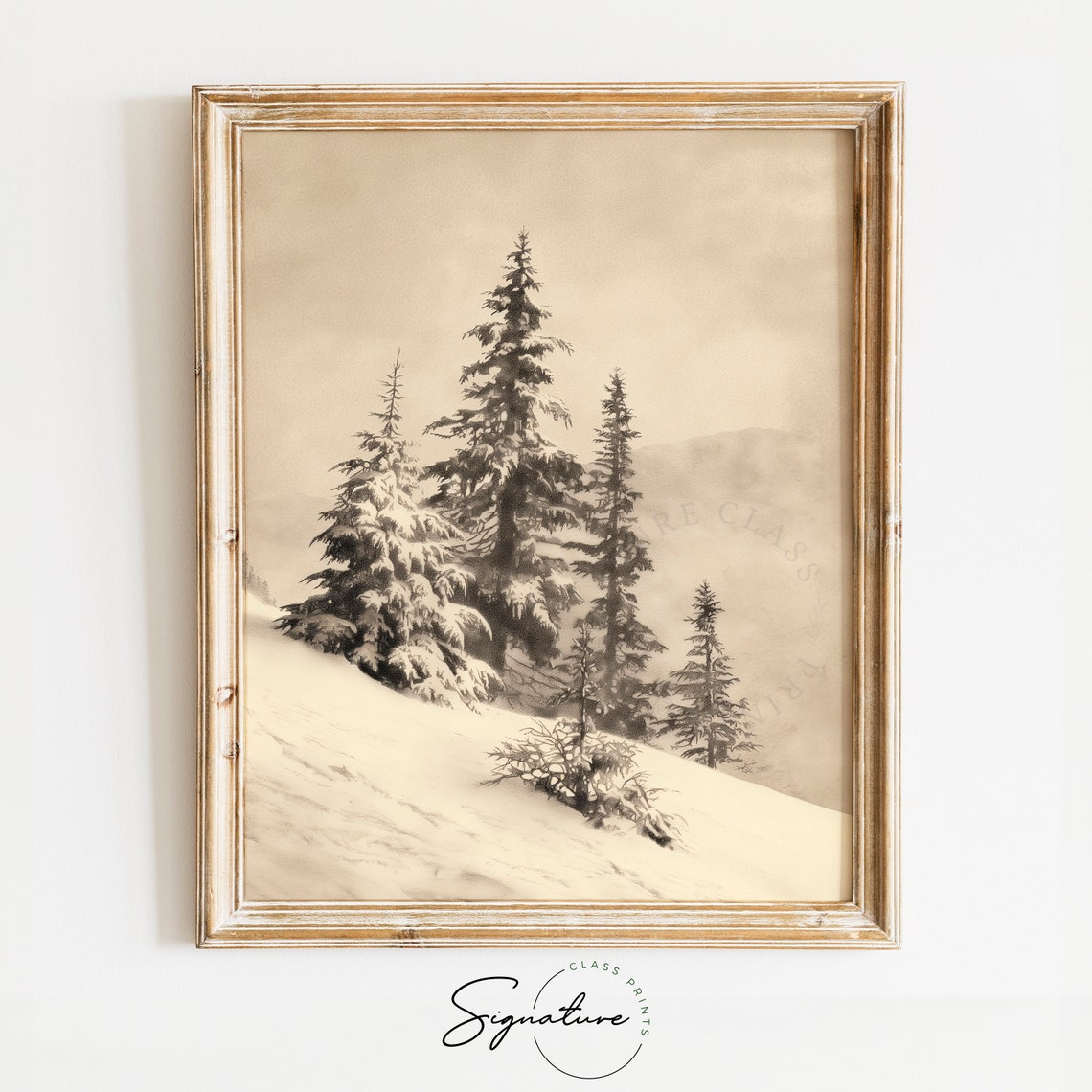 Winter Pines On Snowy Mountain Slope Vintage Nature Scene Poster
