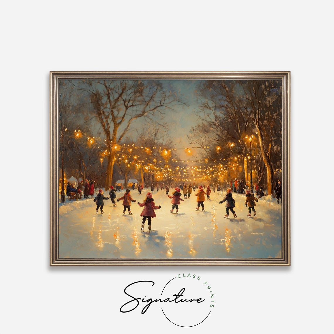 Children Ice Skating On A Frozen Pond Under String Lights Poster - Image 4