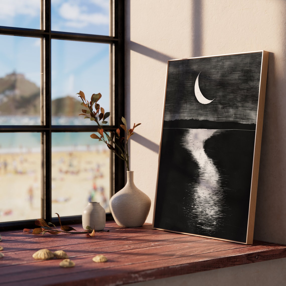 Crescent Moon Over Quiet Lake Night Reflection Sketch Poster - Image 5