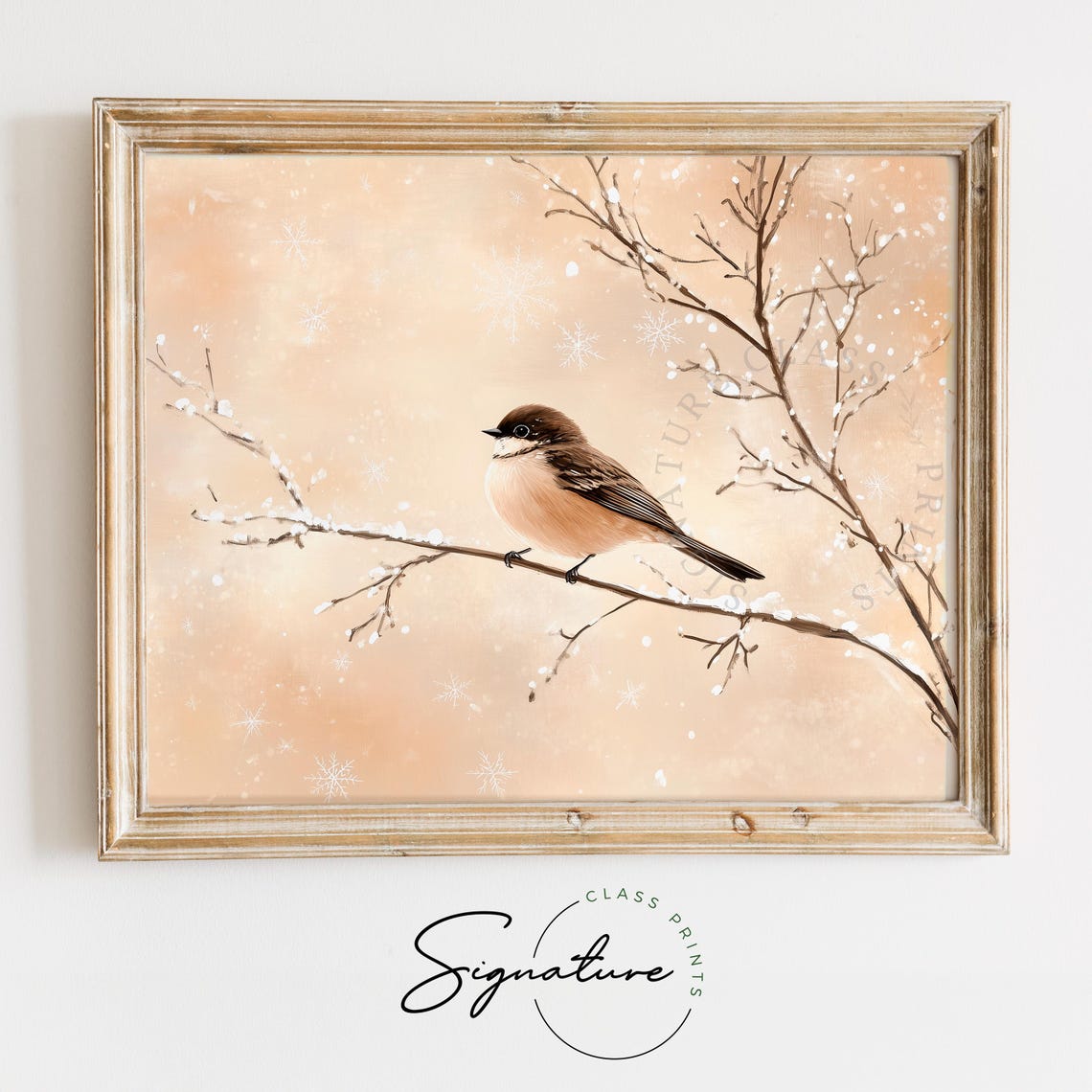 Chickadee on Snowy Branch Blush Pink Winter Bird Artwork Poster