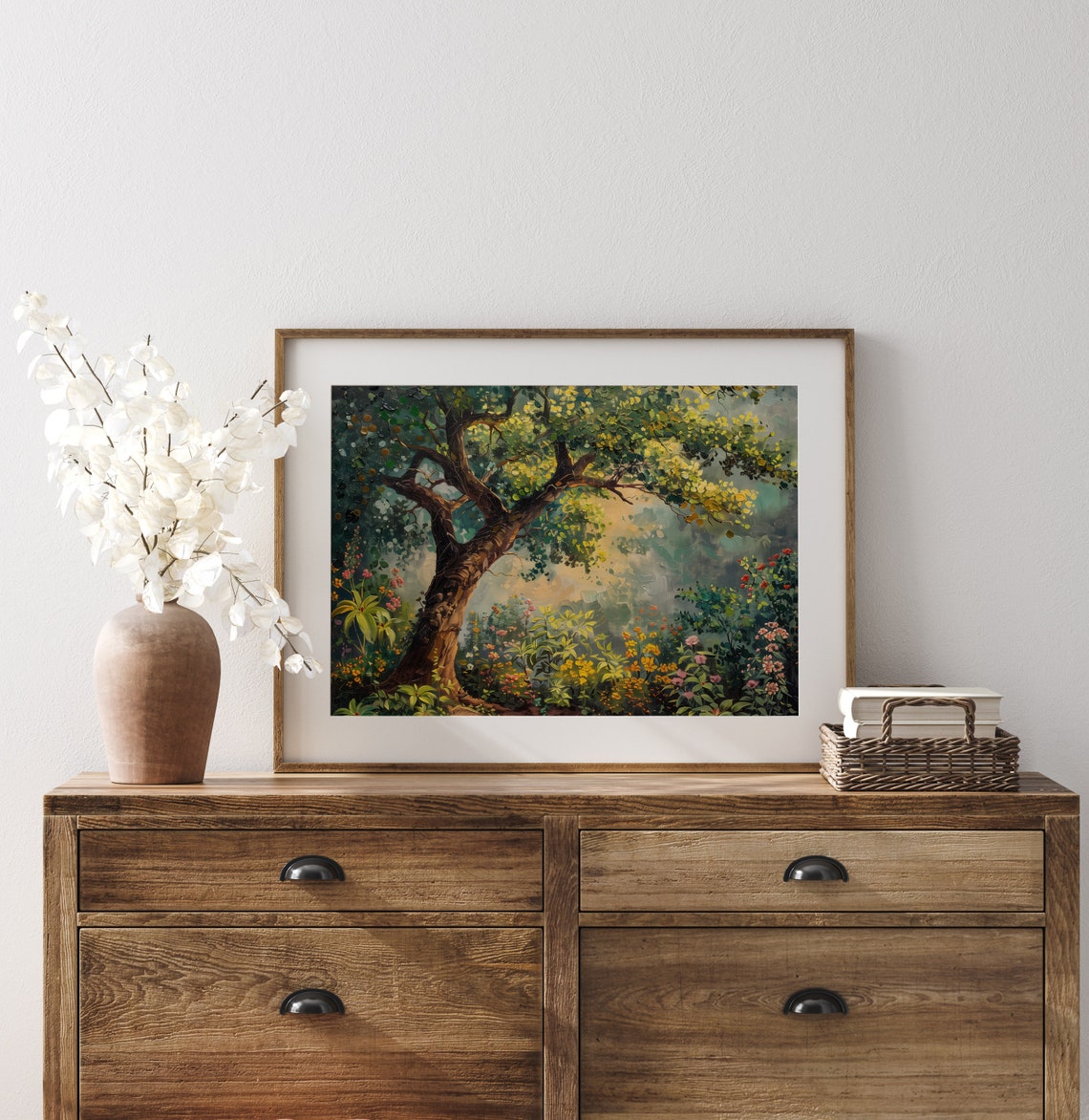 Ancient Gnarled Tree In Lush Flower Garden Sunlit Grove Poster - Image 3