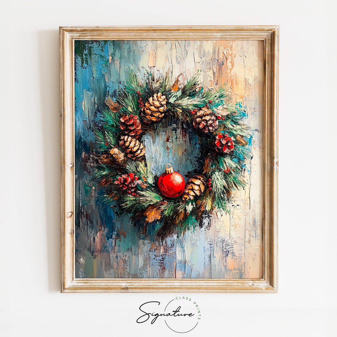 Christmas Wreath with Pinecones and Red Ornament Oil Painting Print