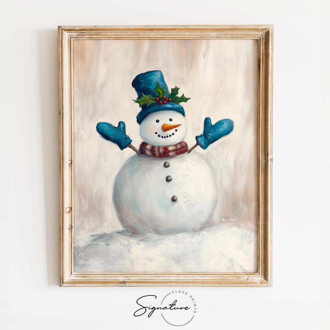 Cheerful Snowman in Blue Hat with Holly Christmas Painting Poster