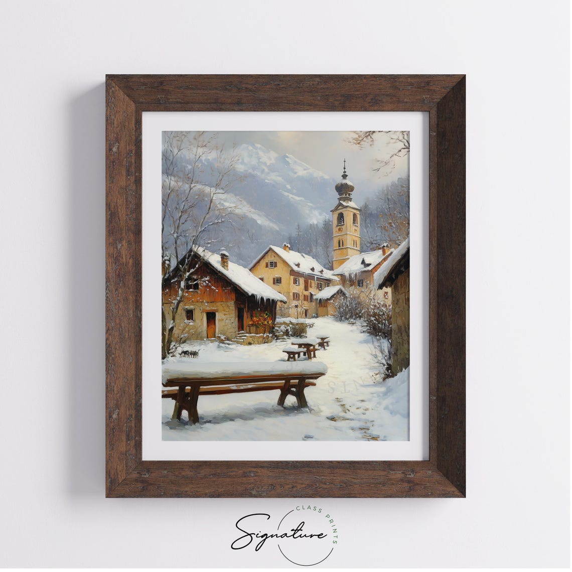 Snowy Alpine Village With Church Bell Tower And Benches Winter Poster - Image 3