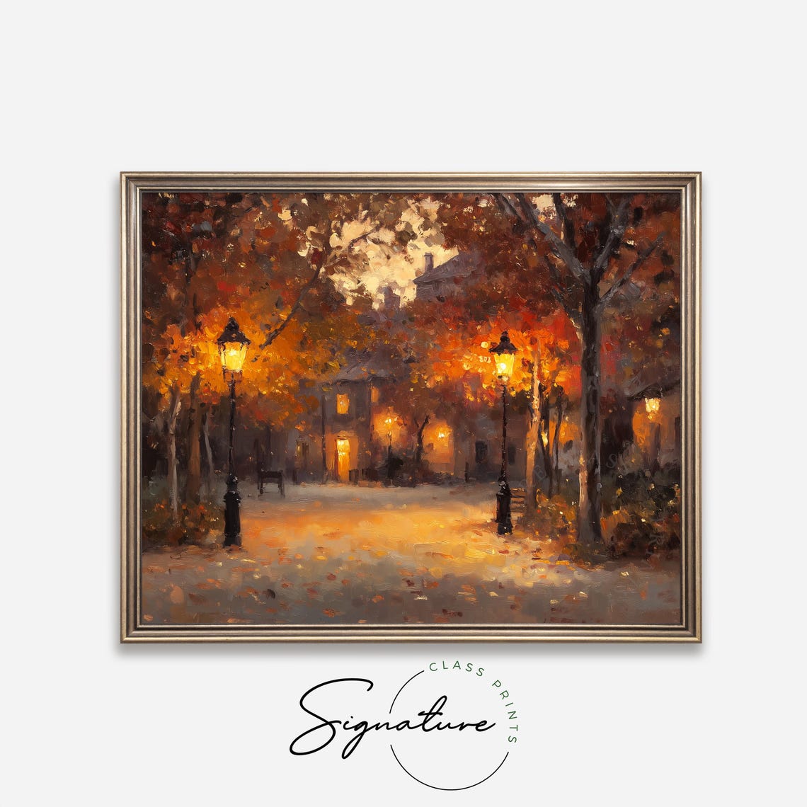 Cozy Autumn Town Square Dusk Lamp Lit Streets Moody Fall Art Poster - Image 4