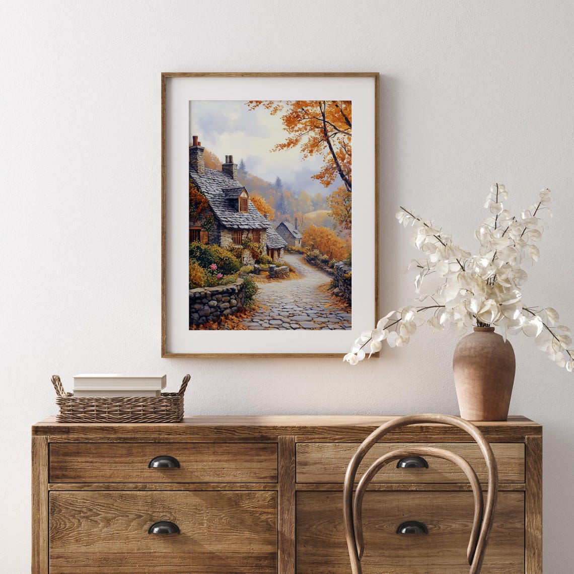 Ivy Covered Stone Cottage On A Quiet Autumn Cobblestone Lane Poster - Image 5