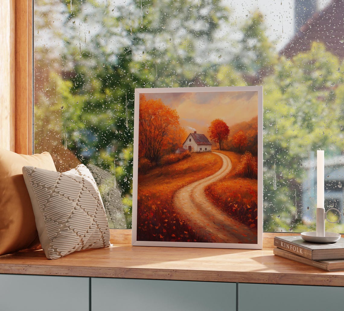 White Farmhouse at End of Winding Road in Fiery Autumn Poster - Image 2