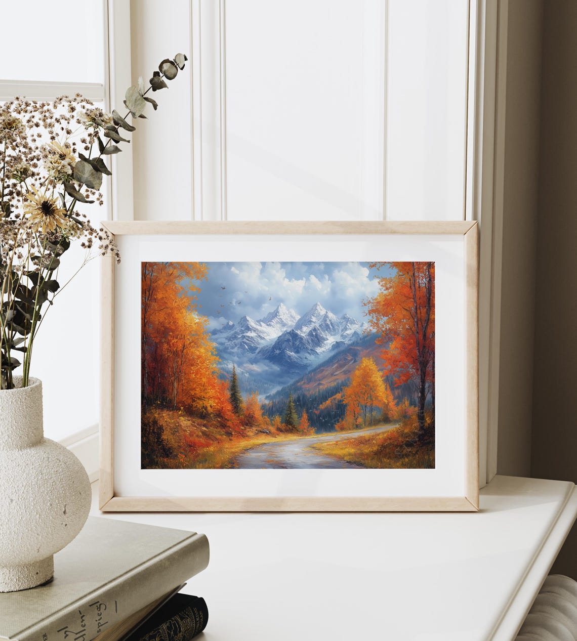 Autumn Road Snowy Mountain Peaks Flying Birds Oil Painting Poster - Image 6