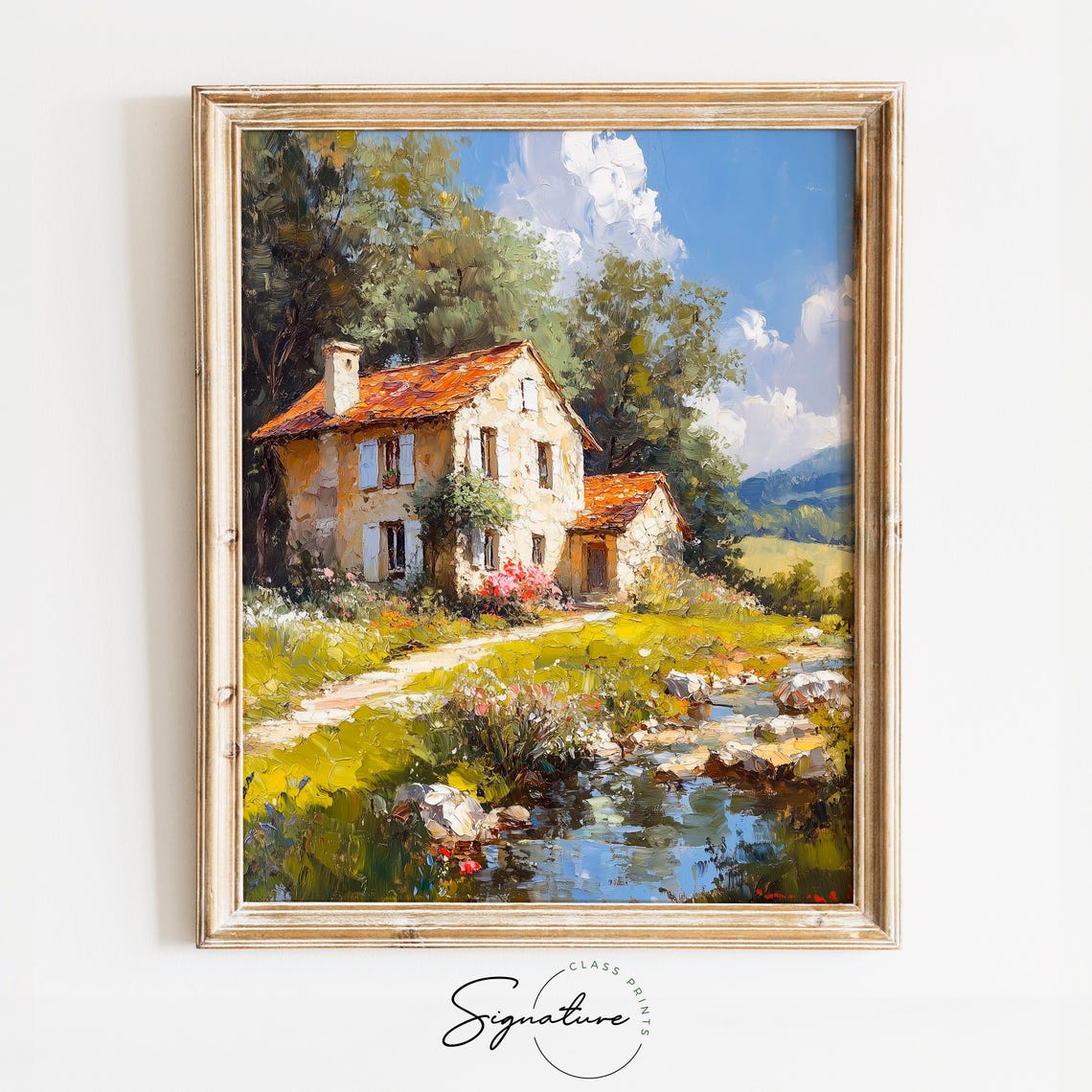 Stone Farmhouse by a Stream Sunlit Summer Countryside Poster