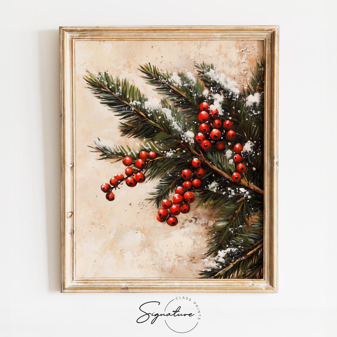 Snowy Fir Branch with Red Winter Berries Vintage Botanical Poster