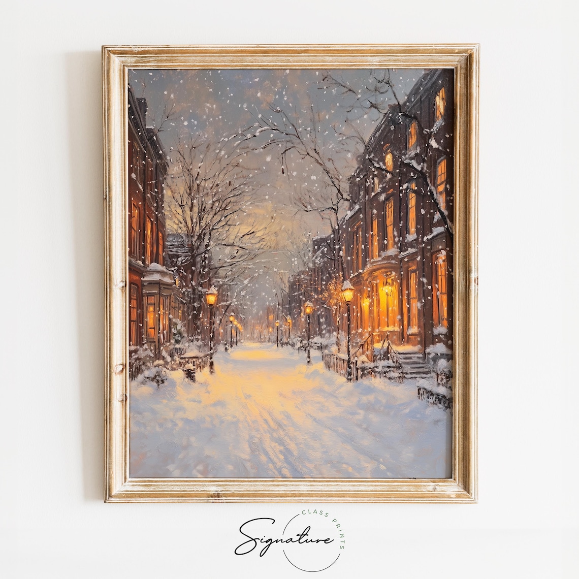 Snowy City Street With Lanterns, Vintage Holiday Art Print