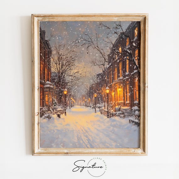 Snowy City Street With Lanterns, Vintage Holiday Art Print