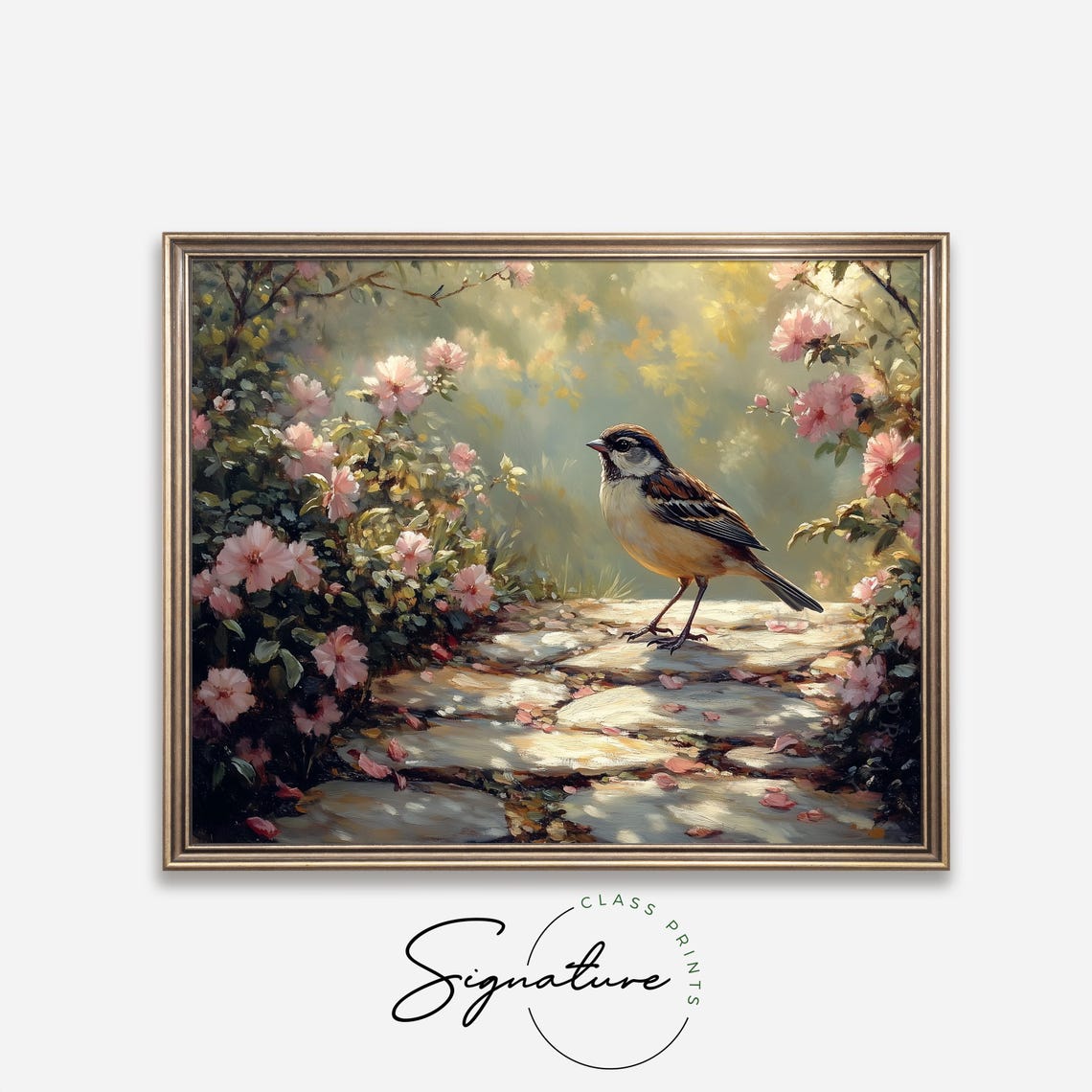 Sparrow On Stone Garden Path Among Pink Blooms Cottage Wall Art - Image 4