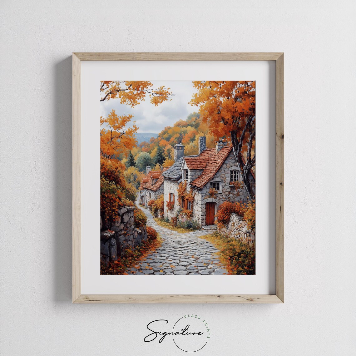 Autumn Stone Cottage Village Oil Painting Cobblestone Lane Poster - Image 3