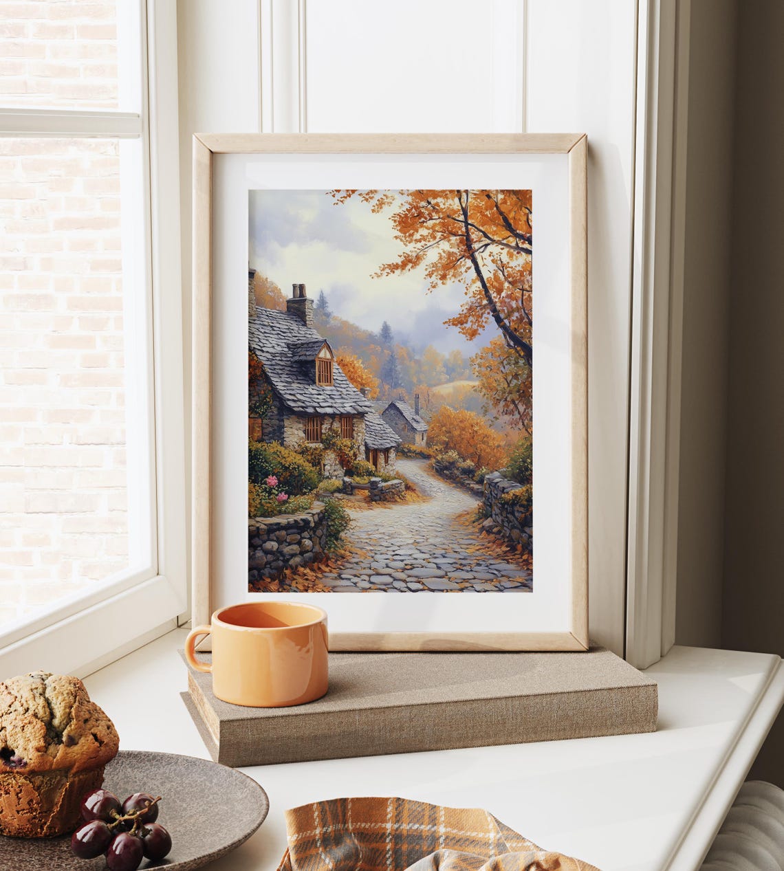 Ivy Covered Stone Cottage On A Quiet Autumn Cobblestone Lane Poster - Image 6