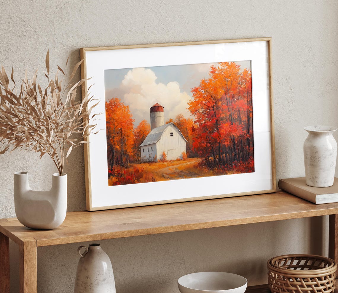 White Barn Silo Autumn Forest Fall Colors Oil Painting Poster - Image 4