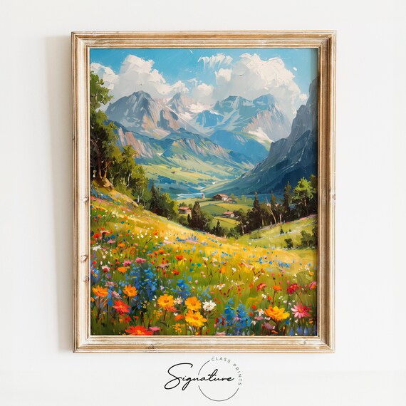 Alpine Valley In Spring Wildflower Meadow Village Mountain Poster