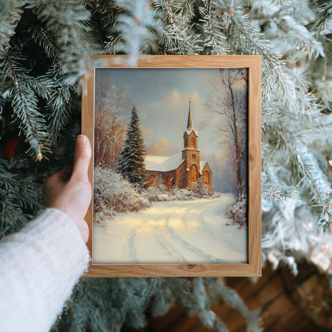 Historic Stone Church In Winter Snow With Glowing Windows Poster - Image 6