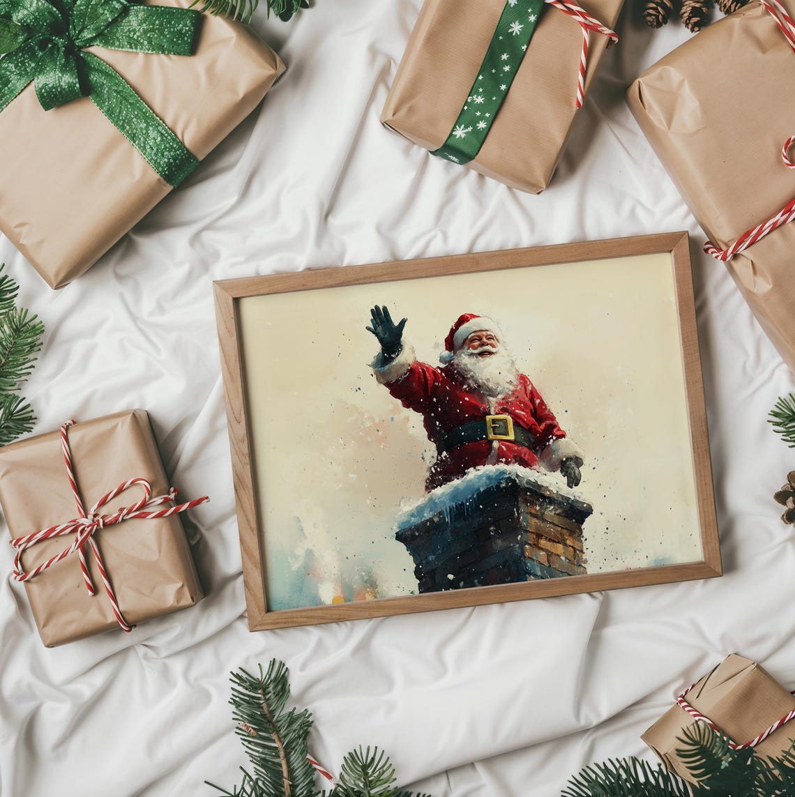 Santa Claus Waving From Snowy Chimney Top Watercolor Scene Poster - Image 2