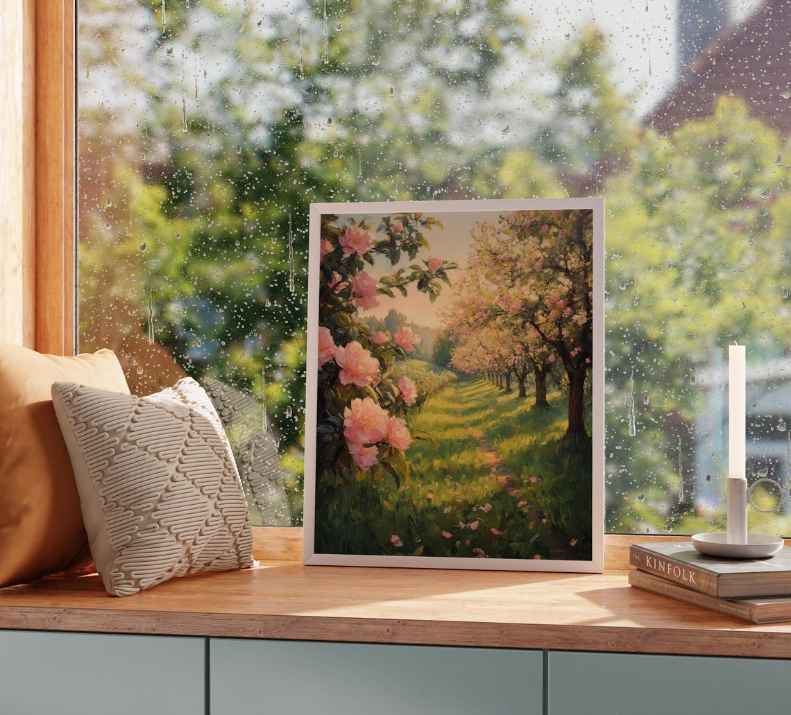 Romantic Orchard With Flowering Pink Trees Sunlit Spring Path Poster - Image 5