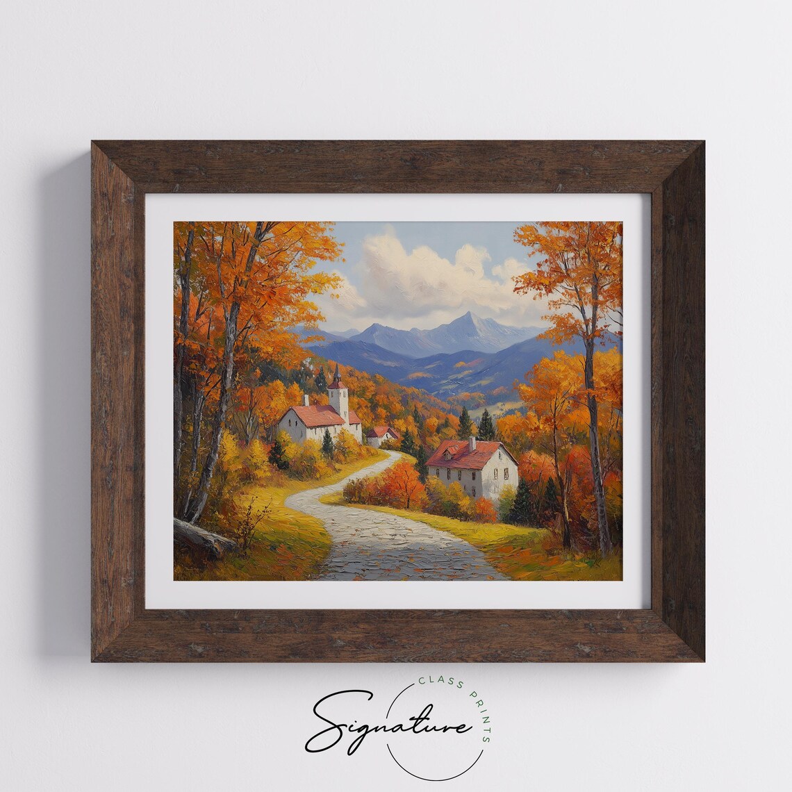 Autumn Village With Red Roofed Church on Winding Road to Mountains Wall Art - Image 5