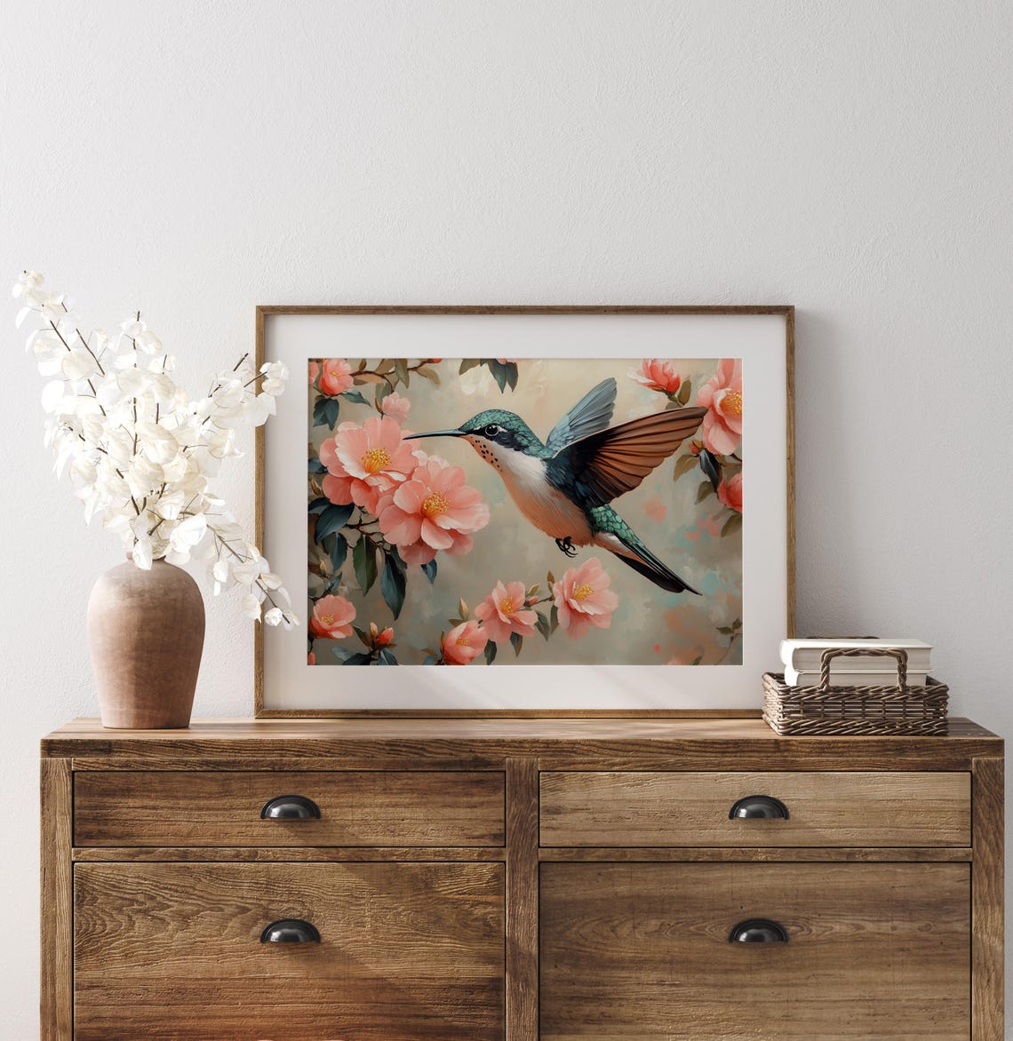Hovering Hummingbird Among Pink Petals Cottagecore Spring Bird Poster - Image 2