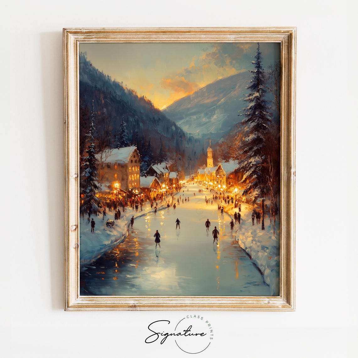 Sunset Ice Skaters on Frozen River in Alpine Village Glow Poster