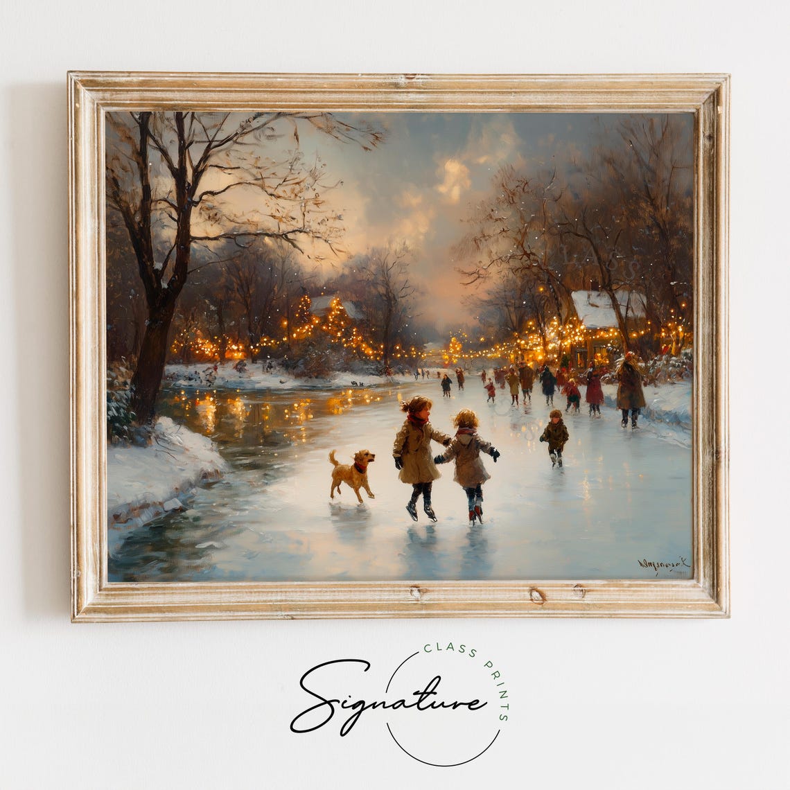 Winter Ice Skating on a Frozen Pond With Children and Dog Poster