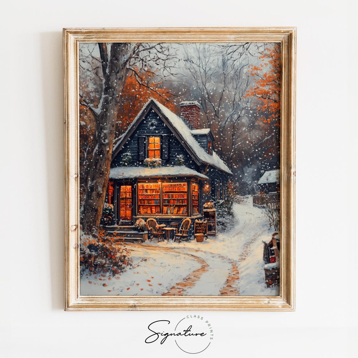 Cozy Bookstore in the Snow at Night with Glowing Windows Poster