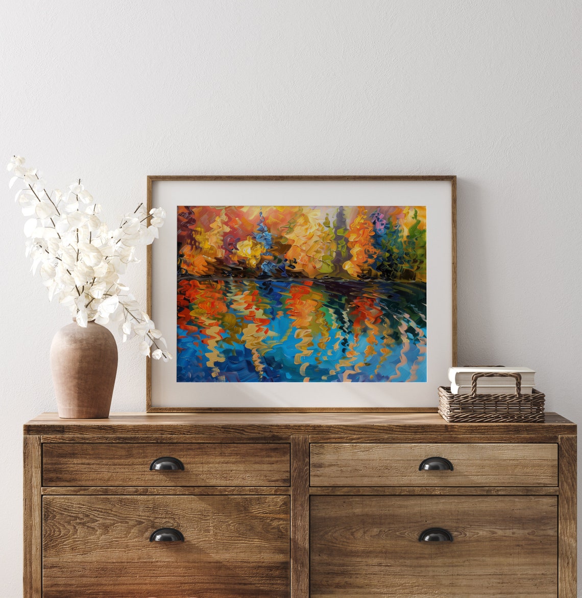 Fiery Autumn Trees Reflected In Deep Blue Lake Impasto Oil Poster - Image 3