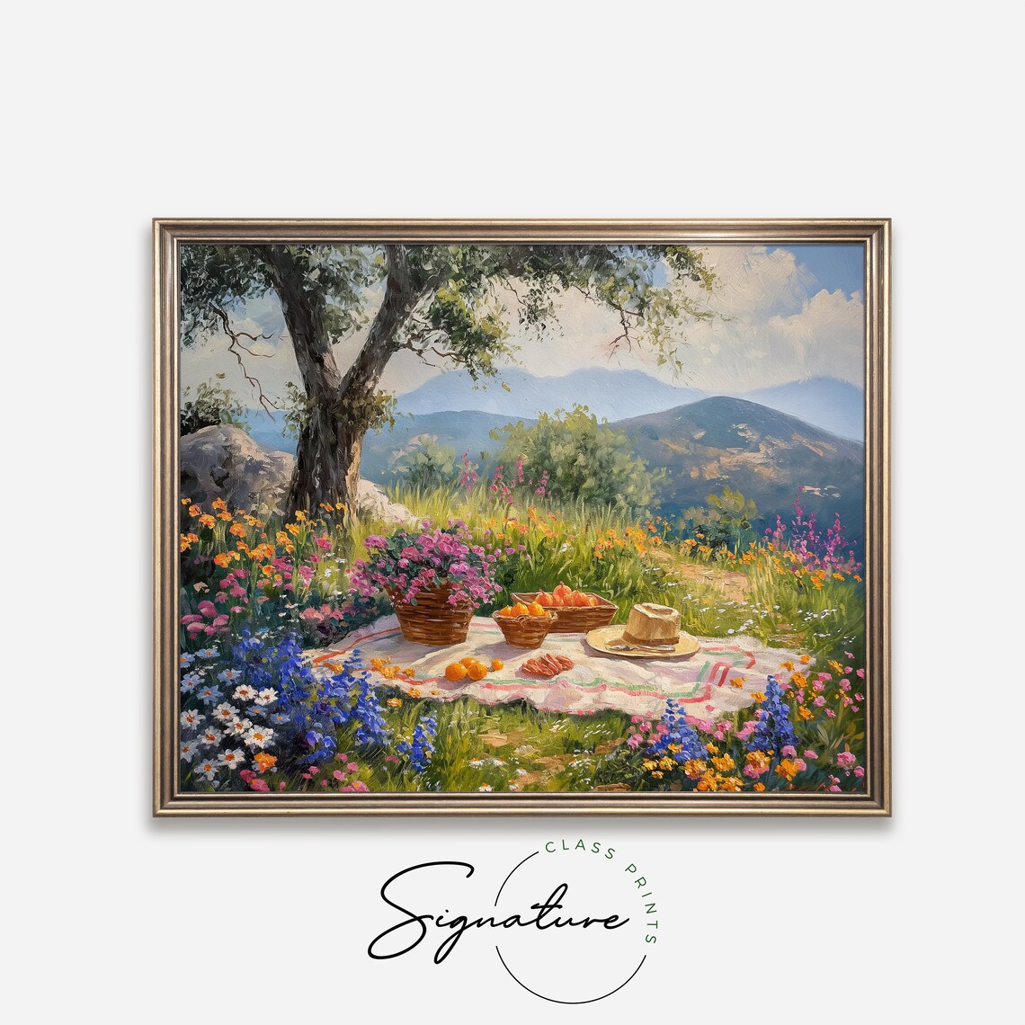 Wildflower Picnic Basket Fruit Summer Meadow Mountains Vintage Oil Poster - Image 4