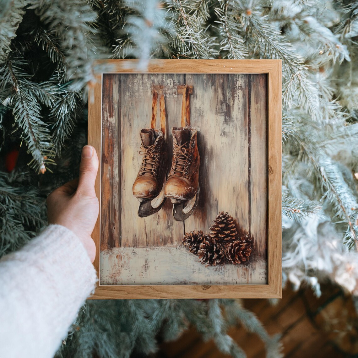 Pair of Vintage Ice Skates on Rustic Wood Winter Oil Painting Print - Image 6