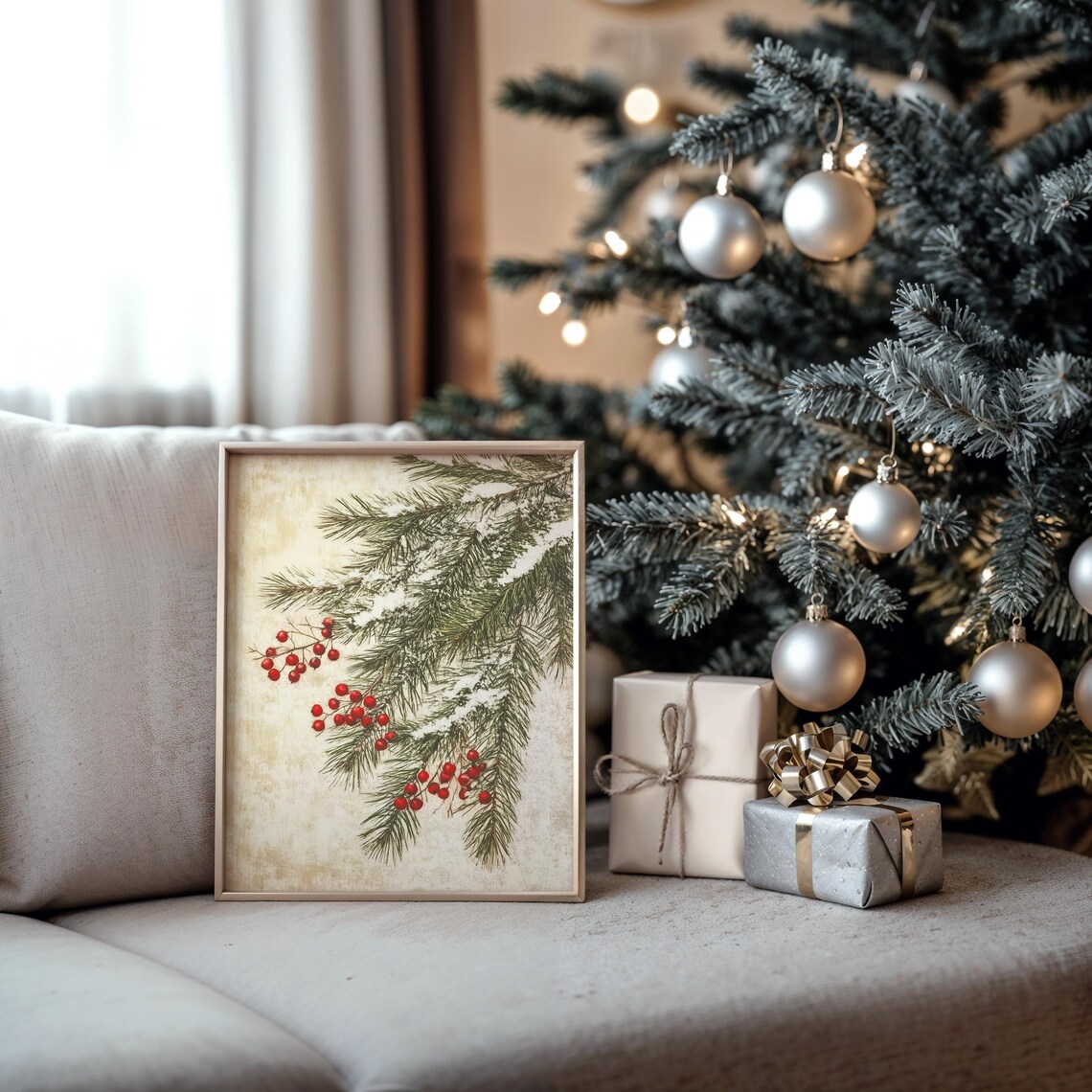 Pine Branches With Red Berries, Vintage Holiday Art Print - Image 5