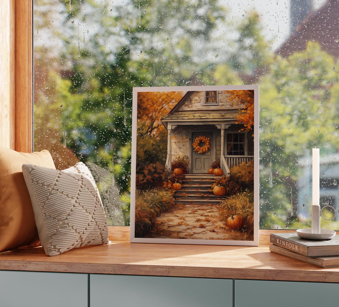 Country Cottage Porch With Pumpkins And Wreath Autumn Scene Poster - Image 2