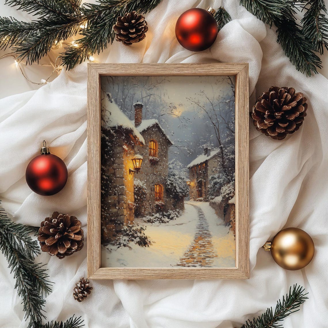 Snowy Village Cobblestone Alley With Glowing Lamps At Night Poster - Image 4