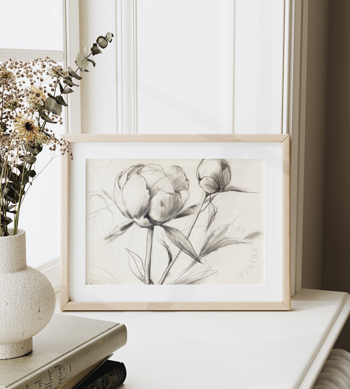 Peony Buds Delicate Gray Pencil Botanical Sketch Line Art Poster - Image 6