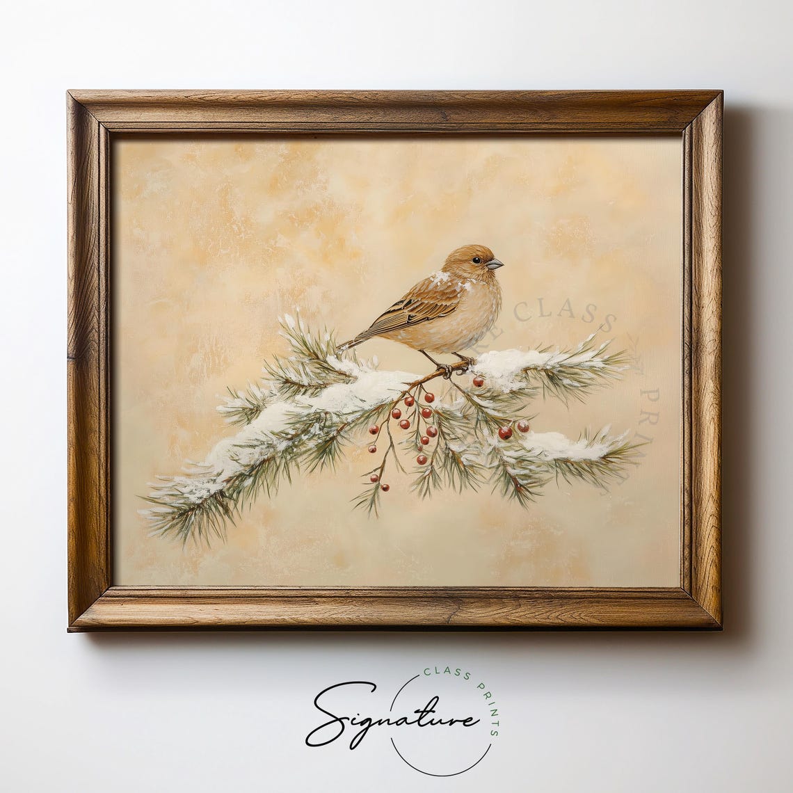 Linnet Songbird On Snow Dusted Pine With Red Berries Winter Print - Image 5