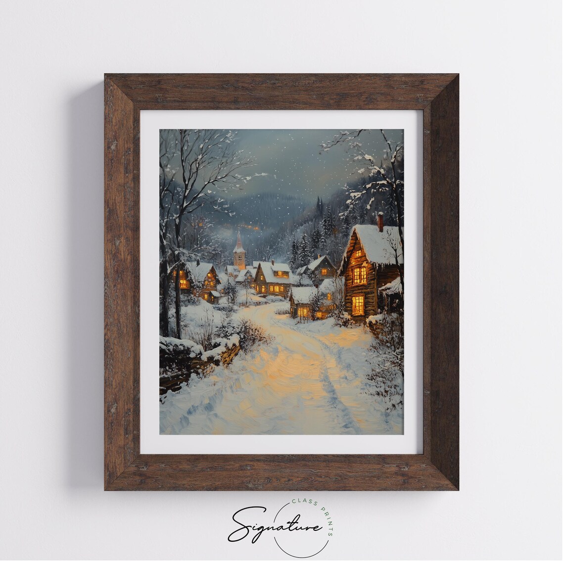 Winter Village Street With Falling Snow Art Print - Image 3