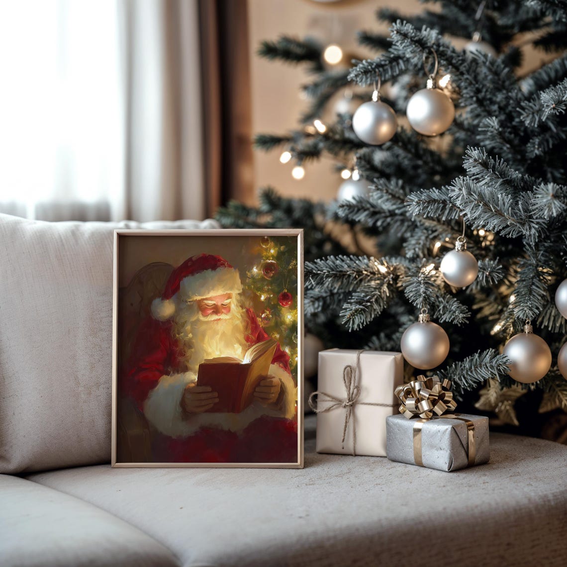 Santa Claus Reading Glowing Book Christmas Tree Painting Poster - Image 6