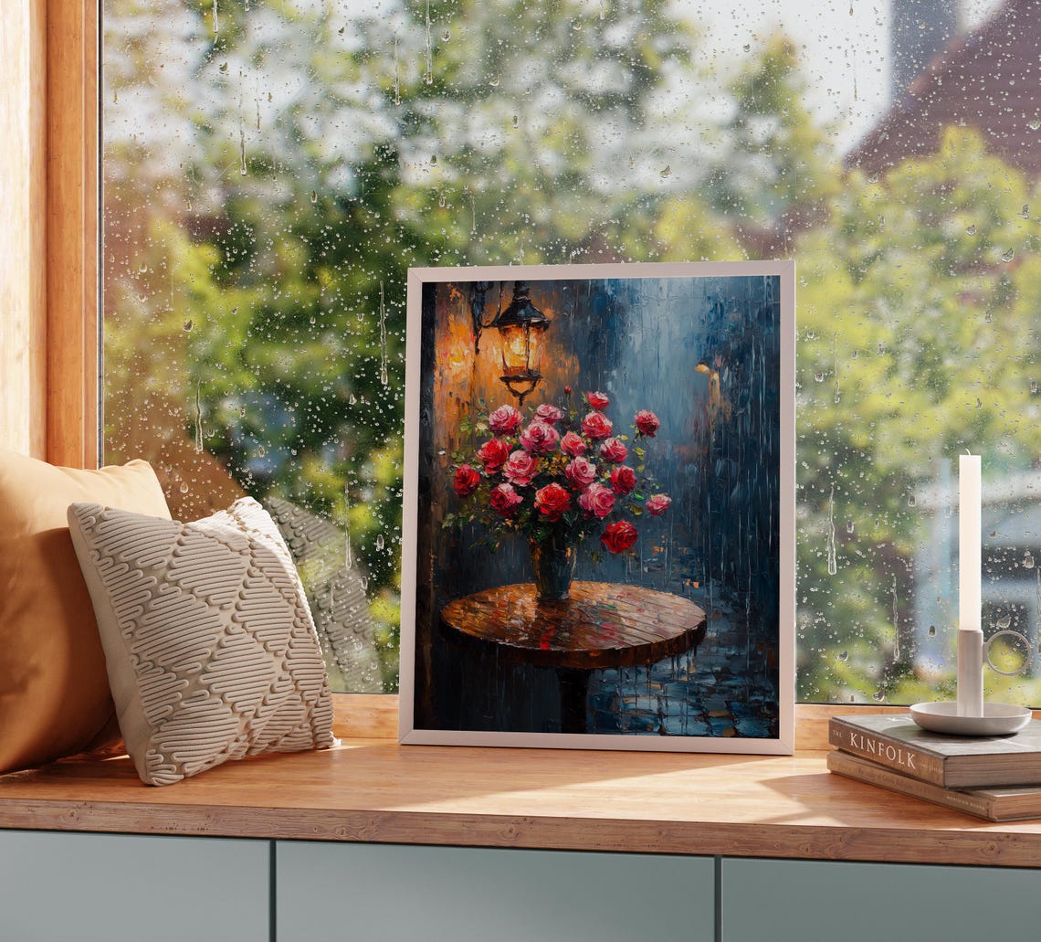 Rainy Cafe Patio Roses Lantern Glow Romantic Moody Night Wall Art - Image 3