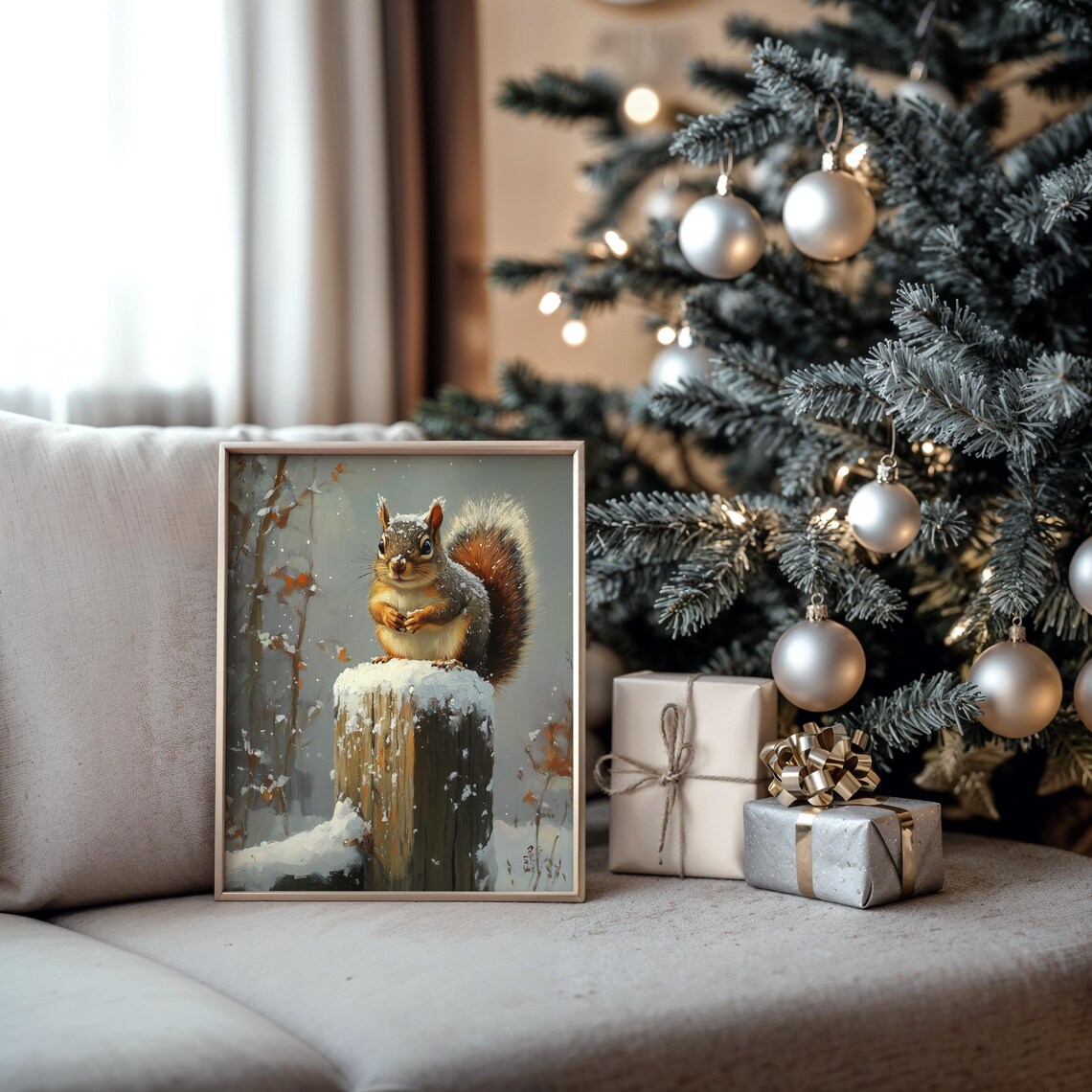 Red Squirrel Snowy Tree Stump Winter Woodland Animal Oil Painting Poster - Image 5