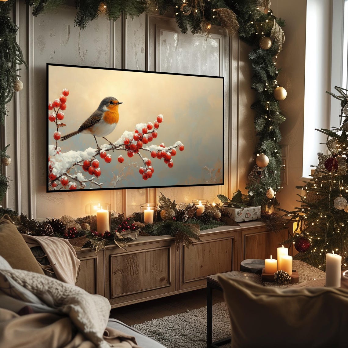 Robin on Snowy Red Berry Branch Close Up Winter Holiday Bird Poster - Image 3